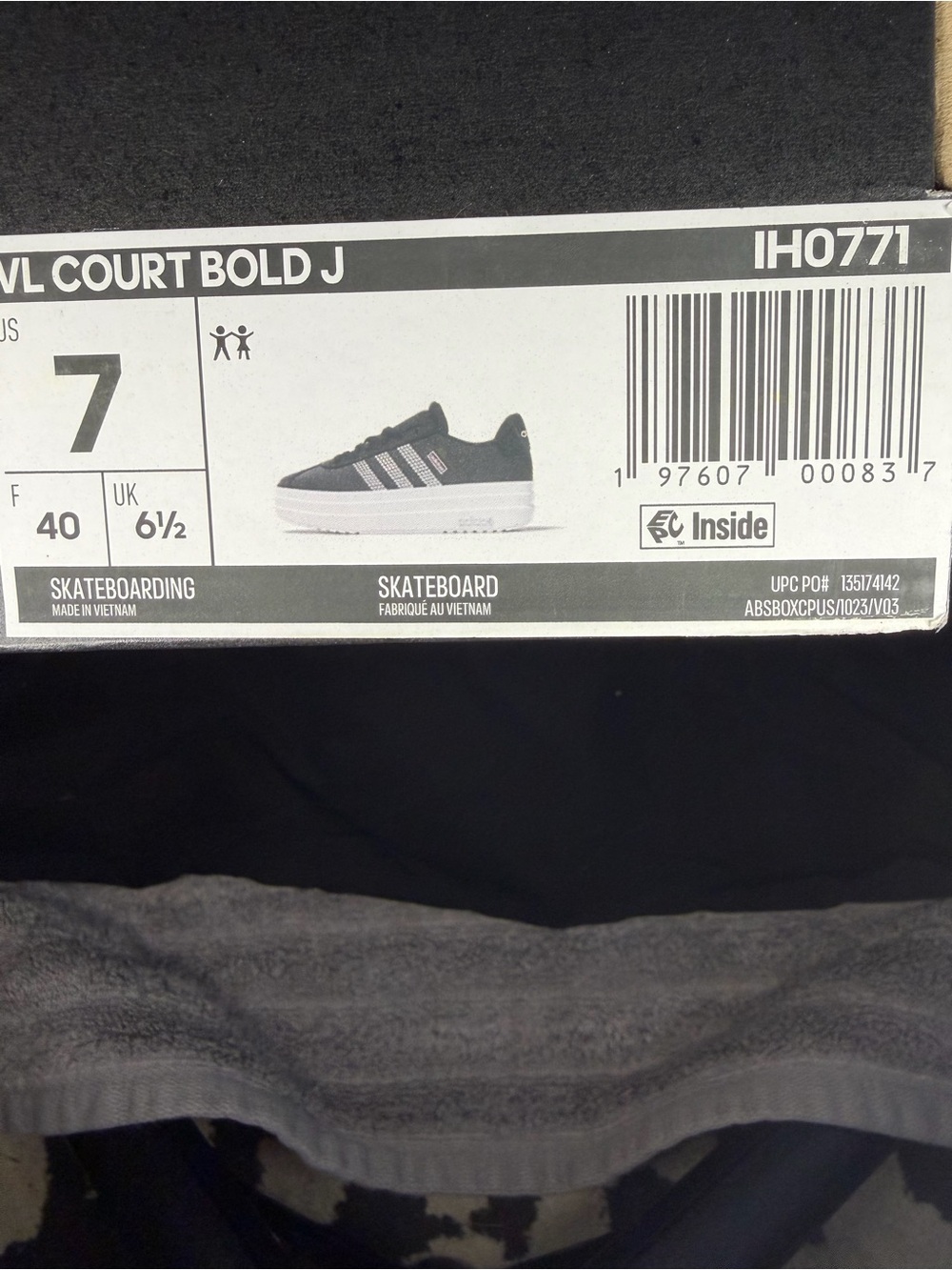 adidas Black and White VL Court Bold J Sneakers with Rhinestone Stripes